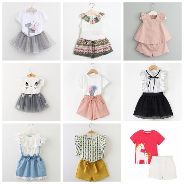 2-7 years baby girls summer outfits total 42 designs children casual clothing set T-shirt tops+skirts or shorts pants 2 pcs suit