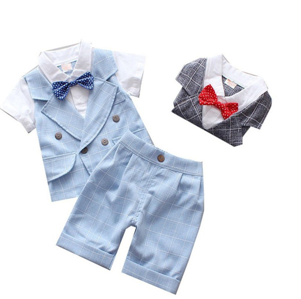 Summer Boys' Gentlemen Clothes with tie Baby's 2-7 years kids formal Suit baby boy V-neck shirt+shorts pants 2pcs clothing set birthday suit