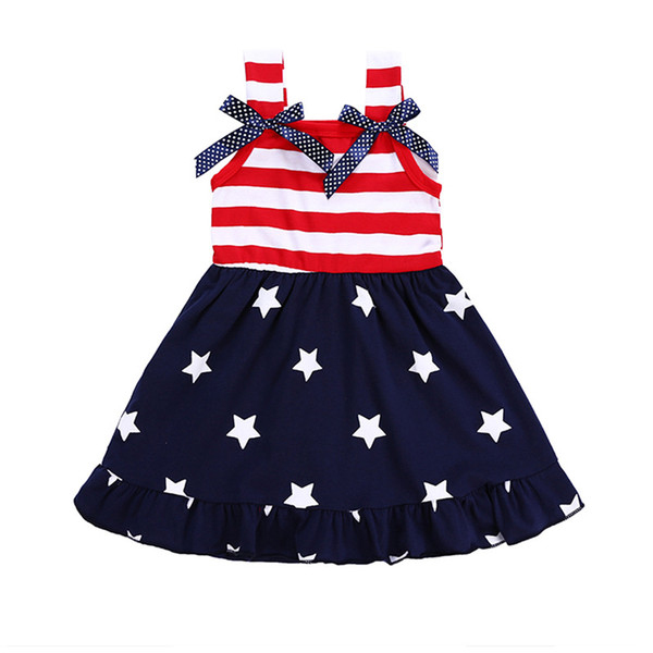 American Flag 4th Of July Girls Dress Kids Bowknot Striped Dress Summer Children Star Baby Spaghetti Vest Princess Dress 2018