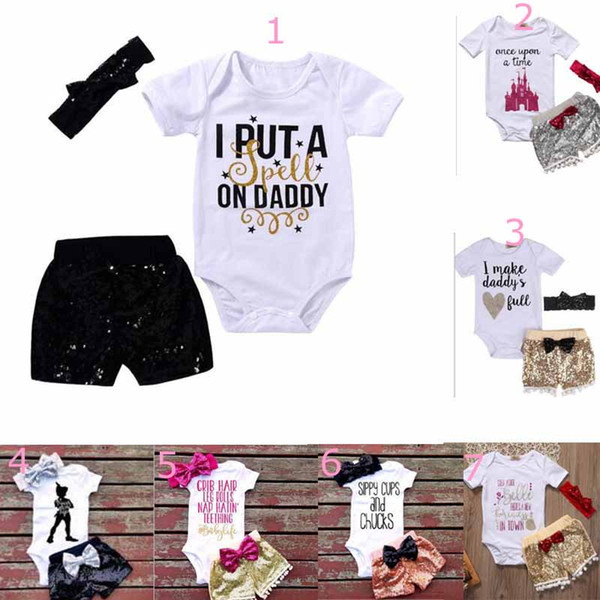 baby clothing girl Kids 3 PCS sets 100%Cotton short sleeve romper + paillette short +headband causal summer girl romper set girl clothes