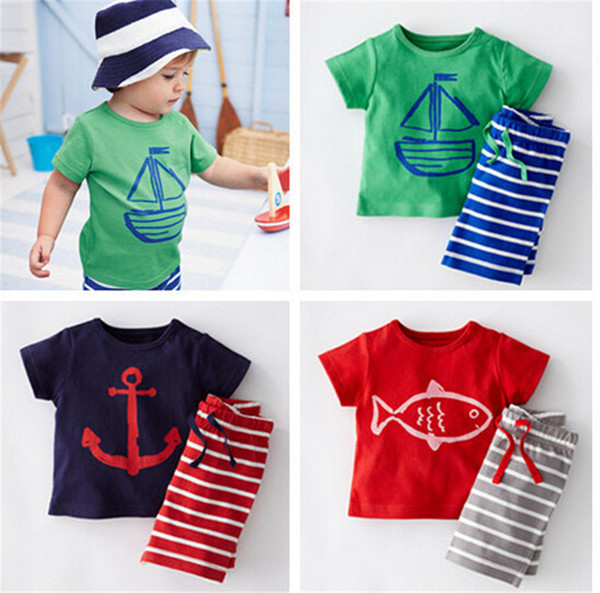 Baby Clothes Boys Tracksuits Cartoon anchor fish Striped Casual Suits 2pcs Sailboat Sets T-shirt+Pants 2pcs suit Children Clothes K415