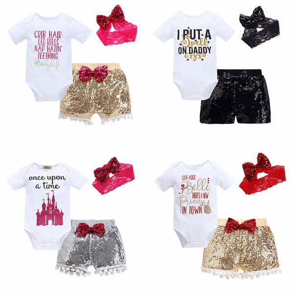 Baby Three-piece Clothing Sets Sequins Baby Rompers Children Jumpsuits for Boys Girls Pants Shorts Hairband Hats Tops 6M-3T