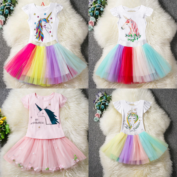 Ins Baby girls Unicorn Outfits Dress Cotton children top Ruffles sleeve +TuTu rainbow skirts 2pcs Cartoon 2019 Fashion Kids Clothing Sets