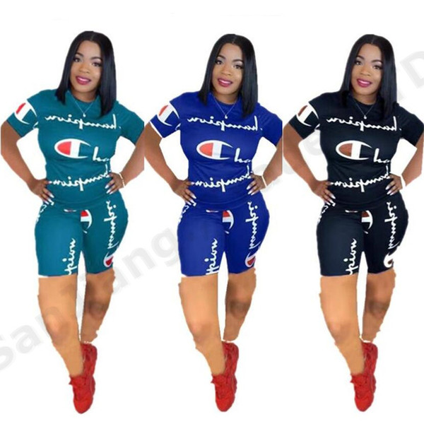 Women Champions Summer Shorts Tracksuit Letter Print T-shirt Top + Shorts 2 Piece Set Summer Sportwear Jogger Yoga Outfit S-2XL A3162