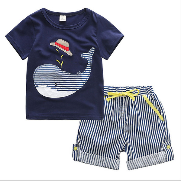 Summer Boy INS whale hat stripe suit new children cartoon dinosaur ins Short sleeve T-shirt +shorts 2 pcs Suit baby clothes B001