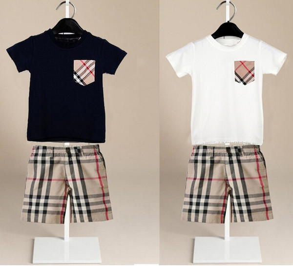 boys sets 2018 Baby kids 2 Pieces sets plaid pocket short sleeved shirt + plaid shorts kids clothing sets 2 colors free shipping