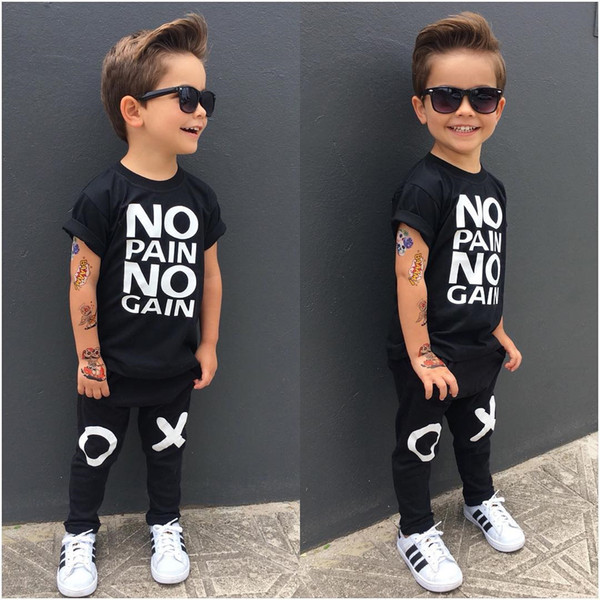 fashion boy's suit Toddler Kids Baby Boy Outfits black hot Clothes No pain no gain letters printed T-shirt Top+XO Pants 2pcs cool child sets