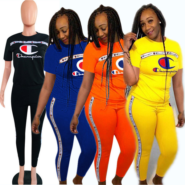 Sportswear Champion Tracksuit Women Clothes Suits Boutique T shirt + Pants Outfit Summer 2 Piece Sports Set A362