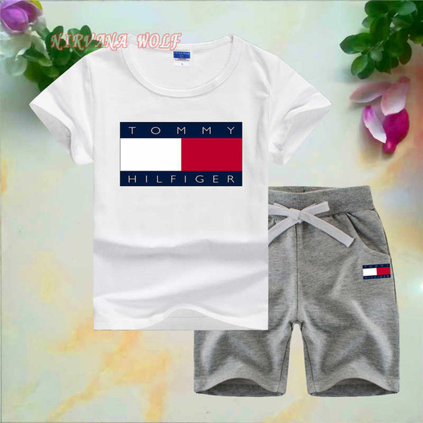 T0MY Brand Little Kids Sets 1-7T Childrens O-neck T-shirt Short Pants 2Pcs/sets Boys Girls Pure Cotton Printing Logo Children Summer Sets