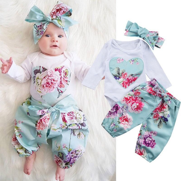 2019 Baby girl clothing Ins Outfits Retro floral Romper with Heart Long sleeve + Pant with headband 3pcs/set Autumn New style