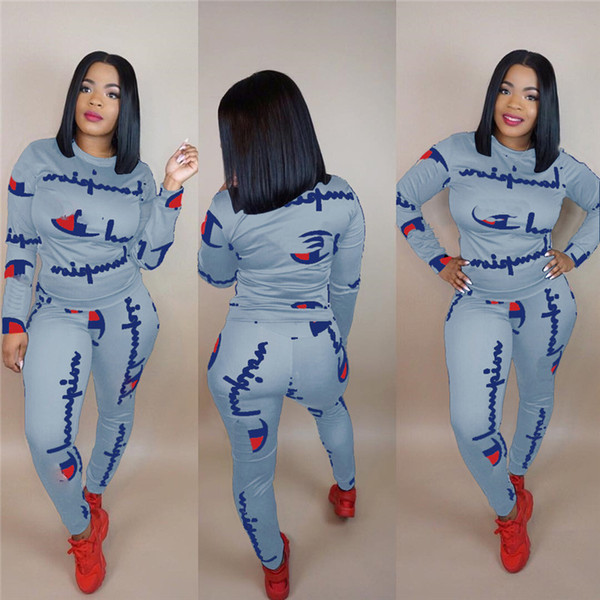 Women Champions Letter Print Tracksuit Long Sleeve T Shirt Top + Pants Leggings 2PCS Set hoodie Outfits Sportswear Cotton Clothing Suit New