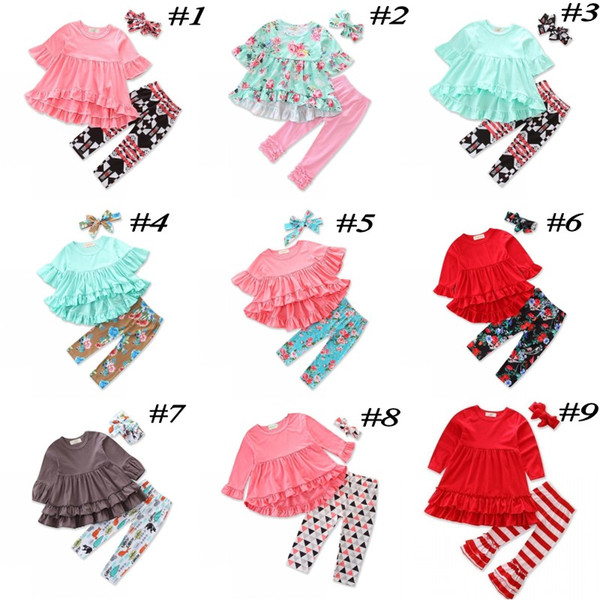 Girls Christmas Clothing Sets Ruffled T-shirts Tops + Legging Pants + Headband 3Pcs Set Fashion Kids Outfit Boutique Clothes Suit