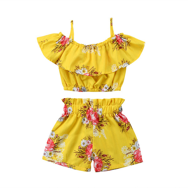 2018 New Baby Girls Outfits Flower Shorts Children Clothing Sets Fashion Summer Kids Clothes Printed Ruffle Tops + Shorts 2pcs Suits
