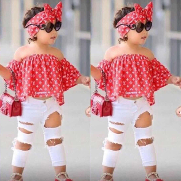 Kids Summer Girls Clothing Sets Off Shoulder Top Shirt+Hole Pants+Hairband Girls Clothes set Children Clothes