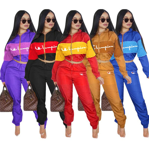 Women Tracksuit Champion Letter Print Long Sleeve Crop Top + Pants Leggings 2PCS Set zipper jacket Sportswear Clothing Suit outfit S-2XL hot