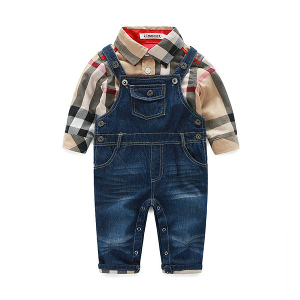 Baby Boys Gentleman suit Kids Plaid Shirt Tops+Denim Suspenders Pants Outfits Children Clothing Sets Autumn Boys Clothes