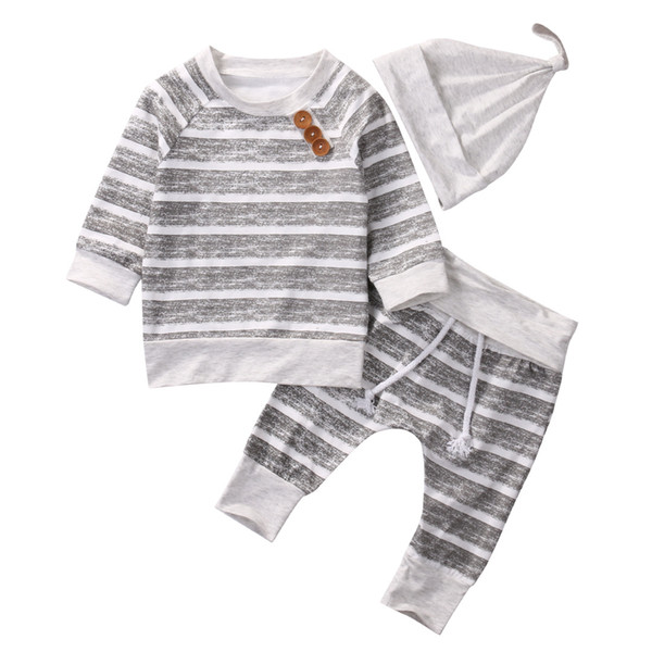 2018 Newborn Baby Boys Striped Gray Top Pants Hat 3Pcs Set Outfits Long Sleeve Brief Styles baby Boy Clothes 0-18M