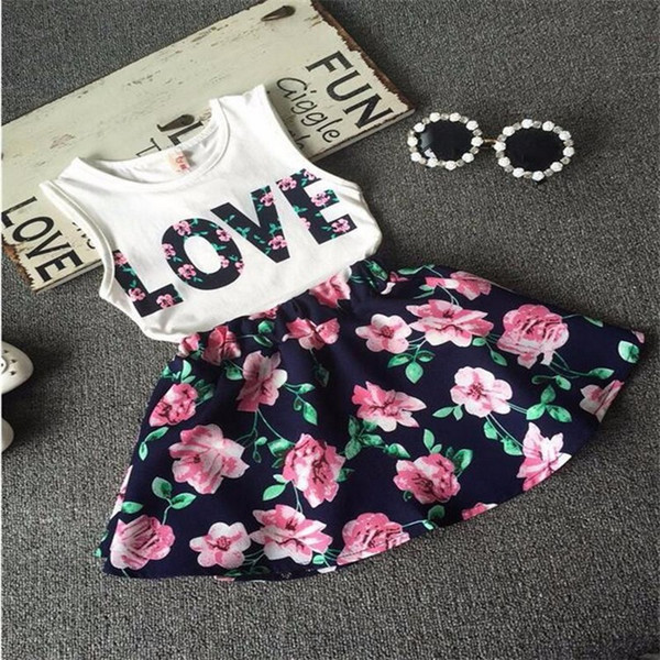 Baby Girls Clothes LOVE Tops + Flower skirt 2pcs Pretty Flowered Cotton Kids Sets 2018 Summer Children Girl Clothing Set