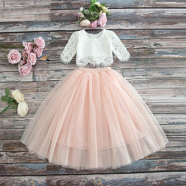 Vieeoease Girls Set Flower Kids Clothing 2019 Summer Lace Top + Tulle Skirt Children Outfits 2 pcs CC-306