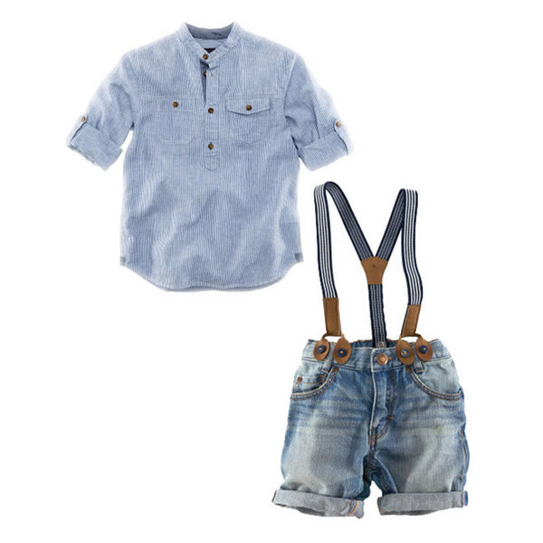 Summer Baby Boys Denim Sets Clothing Blue Striped Casual Shirts+Suspender Shorts Jeans Pants 2PC Suits Costume Kids Clothes