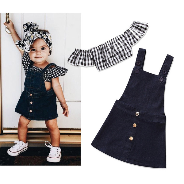 Baby Girls Outfits Fashion Plaid Children Clothing Sets 2018 Summer Kids Clothes Plaid Strapless Tops + Denim Suspender Dress 2pcs Sets