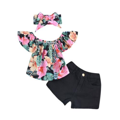 2019 New HOT SALE Toddler Kid Girl Clothes Floral Tops T-shirt Denim Shorts Headband Outfits Set