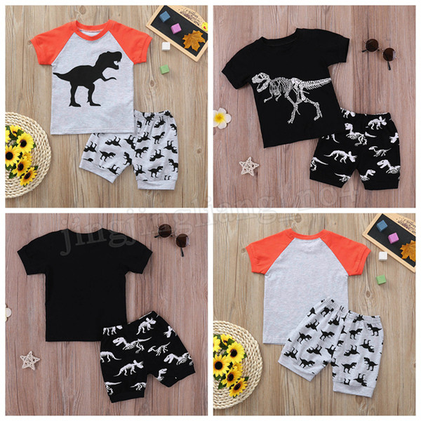 16 colors Baby boys dinosaur print outfits children stripe top and shorts 2pcs/set summer suit Boutique kids Clothing Sets MMA200