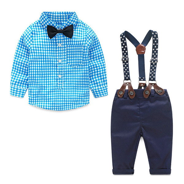 Kid Designer Clothes 2018 Autumn Spring Newborn Baby Sets Infant Clothing Gentleman Suit Plaid Shirt Bow Tie Suspend Trousers 2pcs Suits