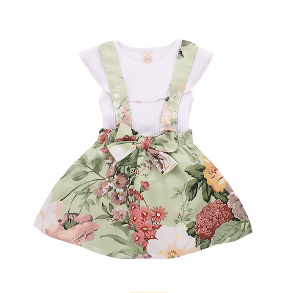 Baby girls suspender Skirt outfits romper tops+2019 new Summer Kids Floral Ruffled T Shirt+ 2pcs set kids Clothing Sets