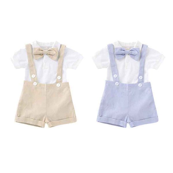 Boy Sling Siamese Sets Kids Designer Clothes Baby Boy Bow Solid Color Short Sleeve Short Pants Sets 49