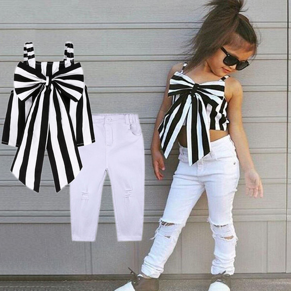 2018 Summer Baby Girls Outfits Girls Sets Plaid Kids Clothing Shoulder-straps Bow Stripe Top + Long Pants Child Outfits 2 Pcs