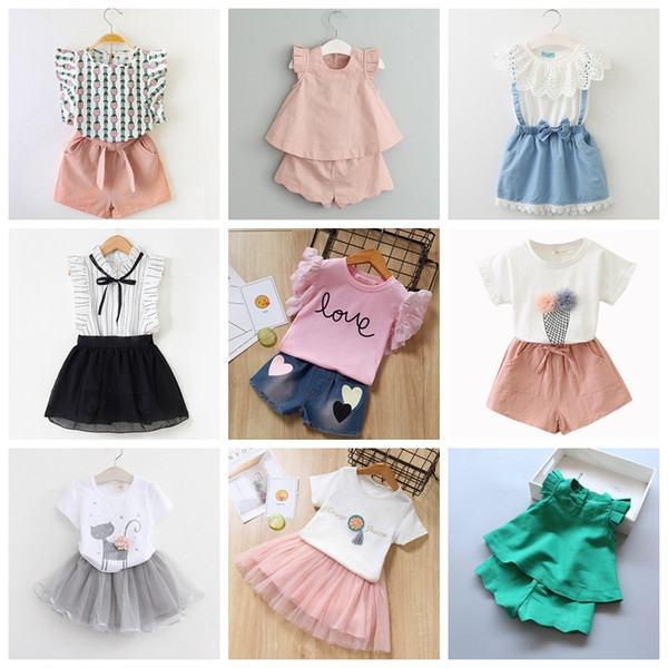 42 designs baby girls summer outfits T-Shirt with shorts or skirts 2pcs clothing set girl casul suit