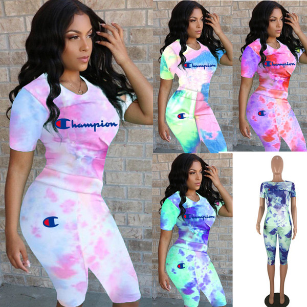 Colored Tie-dyed Champions Print Womene Outfit Summer Short Sleeve T-shirt + Shorts 2 piece Set Casual Tracksuit Sportswear S-3xl New C3286