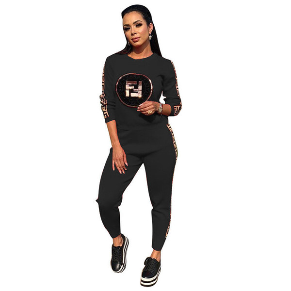 Women Autumn Sequin F letter Print 2pcs Set Tracksuit Long Sleeve Sweatshirt Hoodie Pencil Pants Sports Suit Fashion Outdoor Outfit Pullov