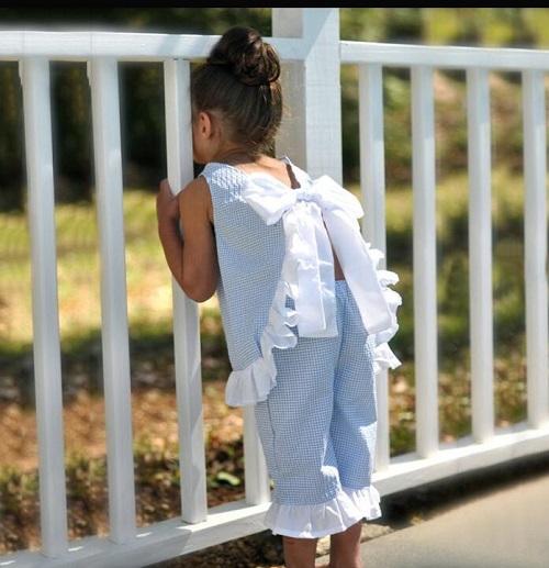 Summer Little Girls Cotton Bow Vest Shorts Clothing Sets Baby Kids Blue Plaid Ruffles Bow Clothes Outfits Children Kids Suits Outfits