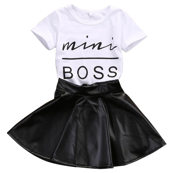 2018 New Fashion Toddler Kids Girl Clothes Set Summer Short Sleeve Mini Boss T-shirt Tops + Leather Skirt 2PCS Outfit Child Suit