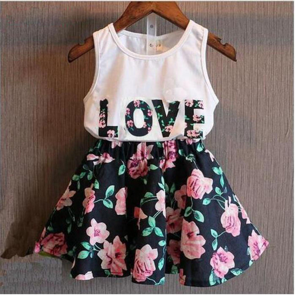 2018 New Children's 2 Pieces Clothing Summer Girls Sleeveless Letter Love Flower Vest Short Skirt Set Kids Clothes Suit