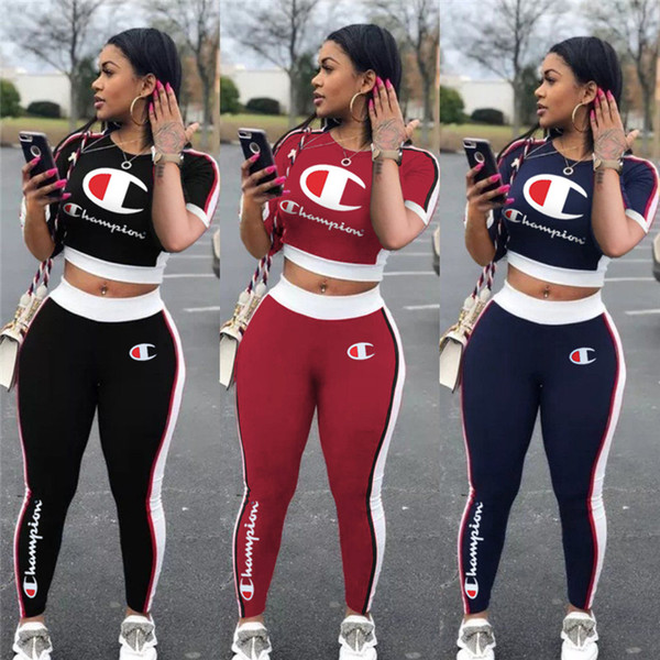 Champions Letter Women Short Sleeve T Shirt Tracksuit Crop Top+ Pants Leggings 2PCS Set Patchwork Stripe Outfit Sportswear Suit Clothes C412