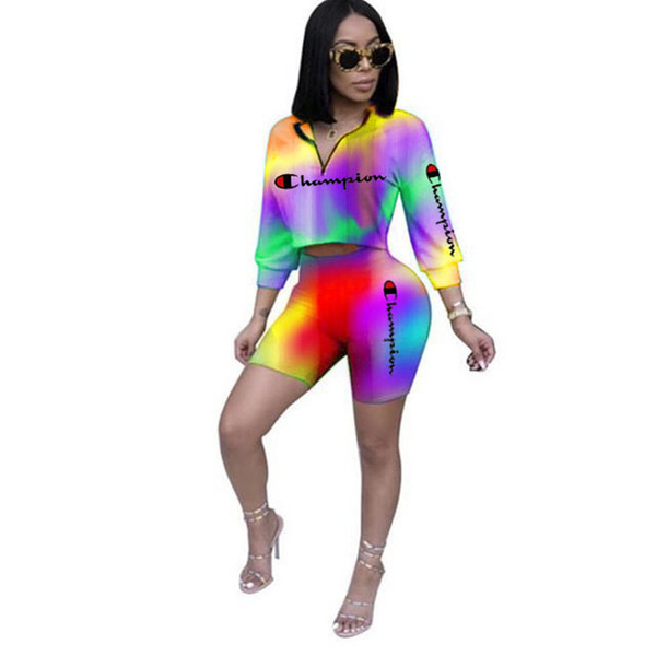 Gradient Color Champions Print Summer Tracksuit Women Short Sleeve V-neck T-shirt + Shorts Pants 2 Piece Set Casual Oufit Sports Suit B3184