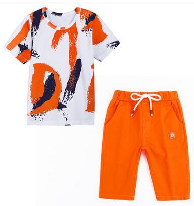 2019 New Summer Style children Short-sleeved shorts suit fashion Boys White orange series Summer Thin section cotton wear suit