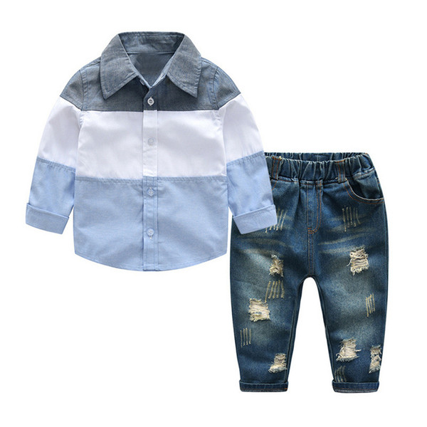 Wholesal-New Fashion Children's BoysClothing Set Spring Baby Boys Set Long Sleeves Shirt + Ripped Jeans 2PCS Lot Boys Clothes for Teenagers