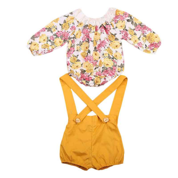 Spring Autumn Baby Girls Clothes Suspender Trousers with Floral Print Bodysuit Girls Clothing Set Fashion Sweet Girls Boutique Clothes