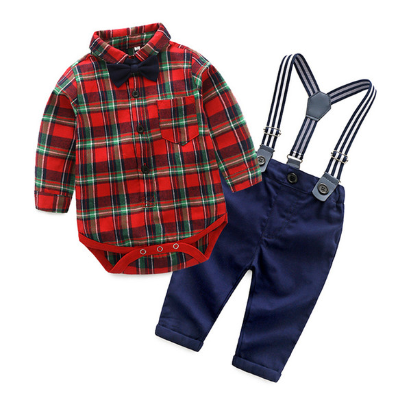 2018 Fashion Baby Boy Clothing Sets Gentleman baby plaid bodysuits +pants+bow tie Suit Long Sleeve Kids Boy Sets kids clothes