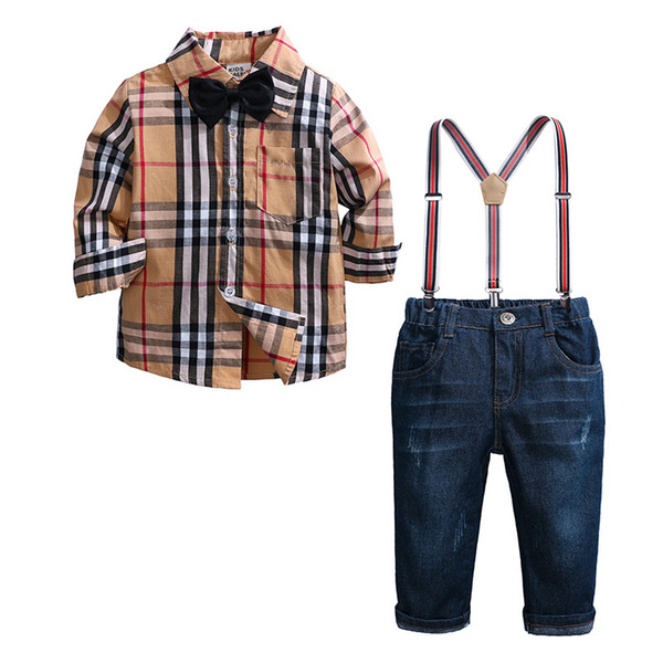 Baby Boy Clothes Autumn Spring Newborn Baby Sets Infant Clothing Gentleman Suit Plaid Shirt + Bow Tie + Suspend Trousers 2pcs Suits 0602036