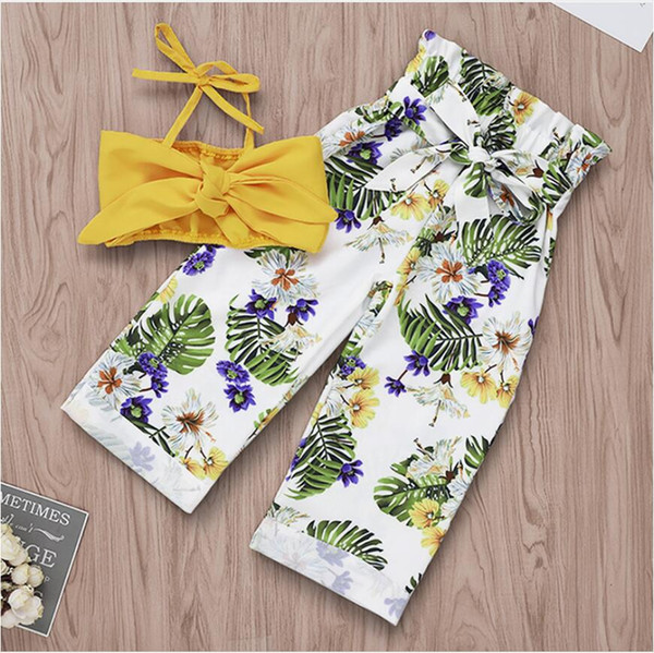 Baby Floral Print High Waist Pant Set Girl Summer Bowknot Yellow Tops and Long Trousers Suit Kids Clothes Two Pieces ZHT 196