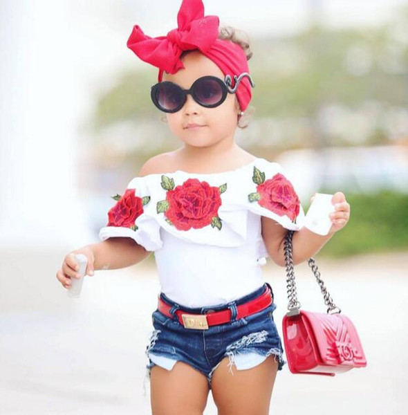 Hot Sale! 2018 Summer Baby Kids Girls Clothes 3D Flower print sleeveless Ruffle round neck pullover T-Shirts Denim Hole Pants 2pc cotton Set