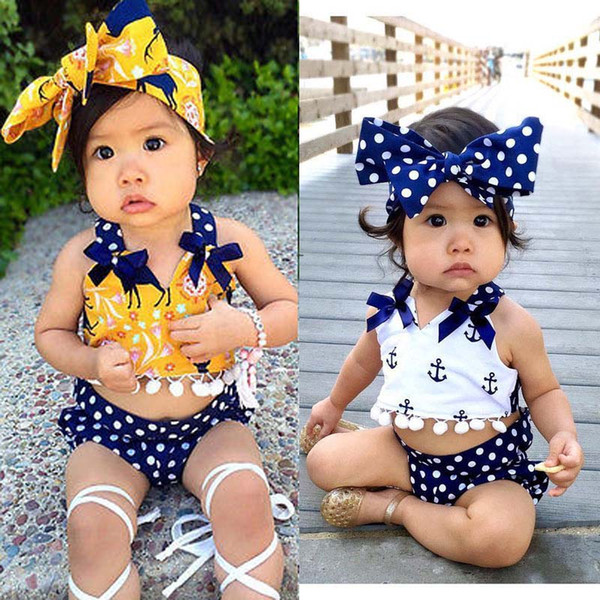 Ins hot sale Summer 3pcs/set baby girl clothes Girls Clothing Sets Girls Outfits tank +shorts + Headbands Newborn suit Infant Clothing A1871