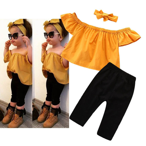 2019 Fashion Summer baby girl clothes Girls Outfits Tops+trousers+bows headband Girl Suit Kids Sets Toddler Clothes kids clothing A2964