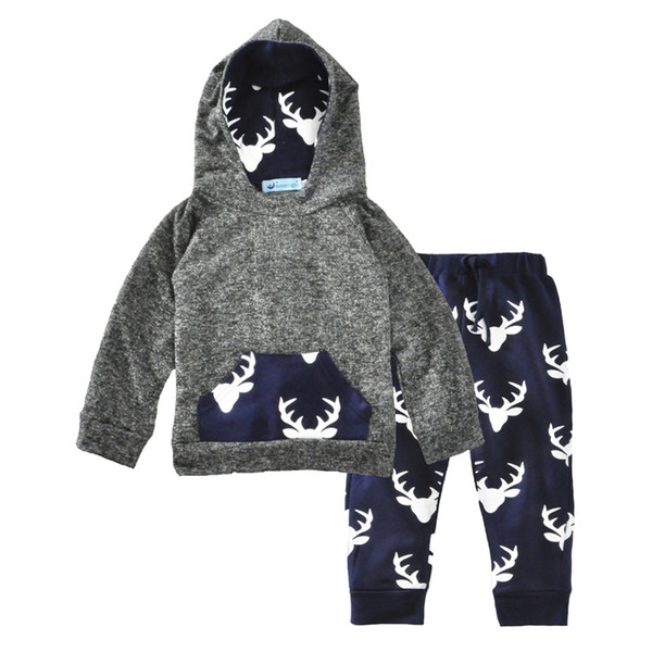 Everweekend Cute Baby Boys Clothing Set Children Deer Printed Hooded Sweater with Pants 2-Piece Outfit Fashion Kids Clothes