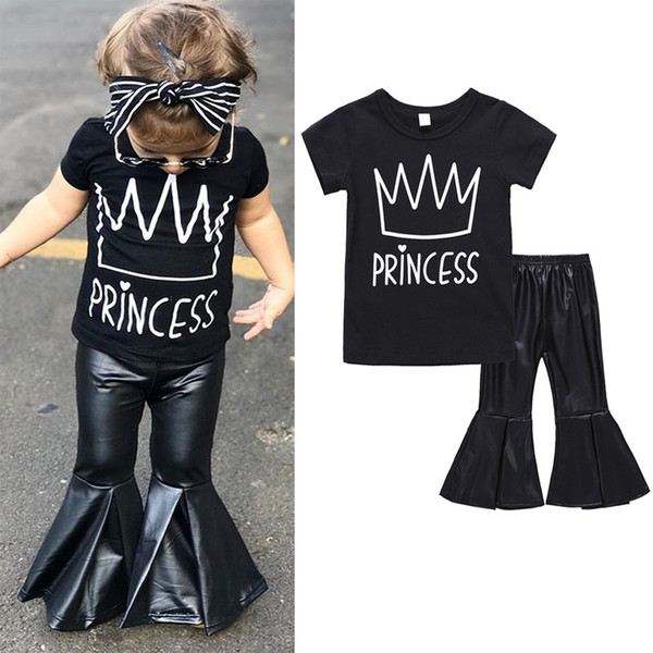 Baby Girls Clothes 2018 Newest Fashion Black Crown Printed Short Sleeve T Shirts+ PU Bell Bottom Pant 2Pcs Sets Kids Children Summer Outfits